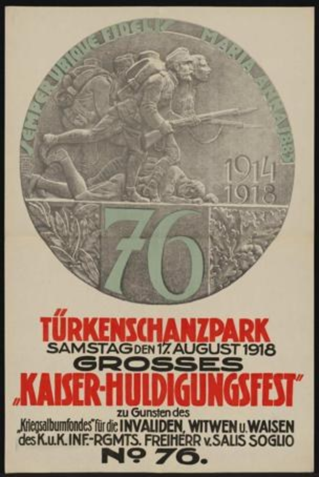 Plakat zum 70-jährigen Jubiläum des Kaiser-Huldigungsfestes in Berlin, Deutschland, mit einer Gruppe von Menschen umgeben von Text und Zahlen in einem Rahmen.