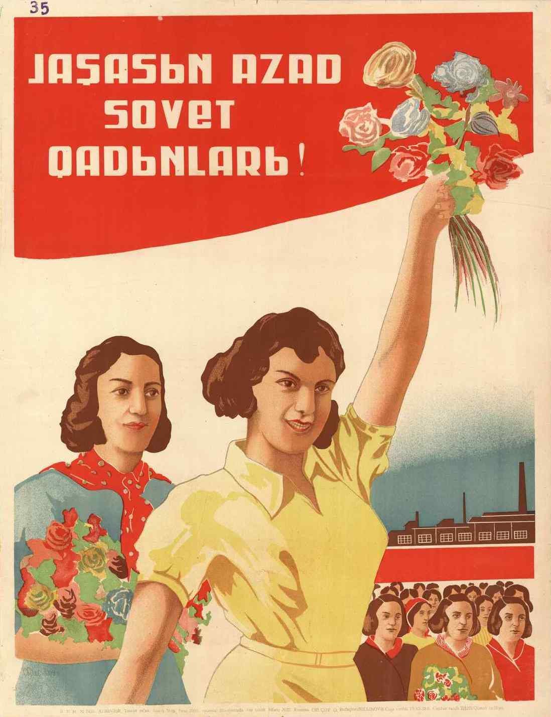 Sowjetisches Propagandaplakat zum Frauentag mit einer Frau, die Blumen hält, umgeben von Menschen und einem Gebäude, mit der Aufschrift "Frauentag."
