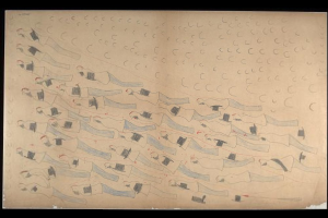 Schwarzumrandetes Bild von Menschen, die im Einklang in einem Gewässer schwimmen und Bewegung und Energie vermitteln.