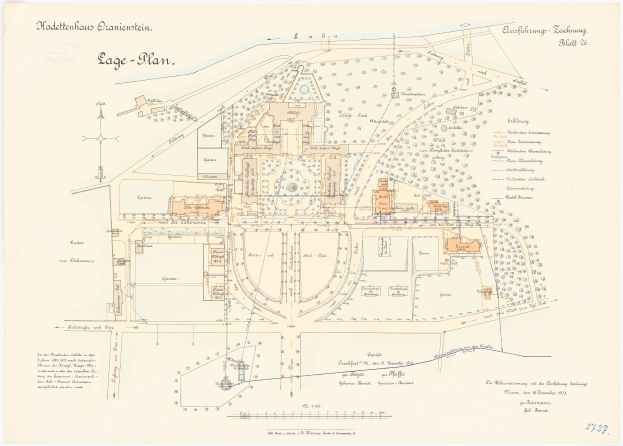 Ein detaillierter Stadtplan von Köln, Deutschland, mit einer handgezeichneten Gebäudeillustration auf einem informativen Papier-Overlay.
