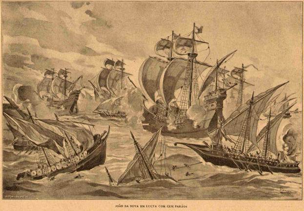 Gruppe von Schiffen, die auf dem Meer segeln, mit Rauch, der aus ihnen aufsteigt, und Text am unteren Rand des Bildes.