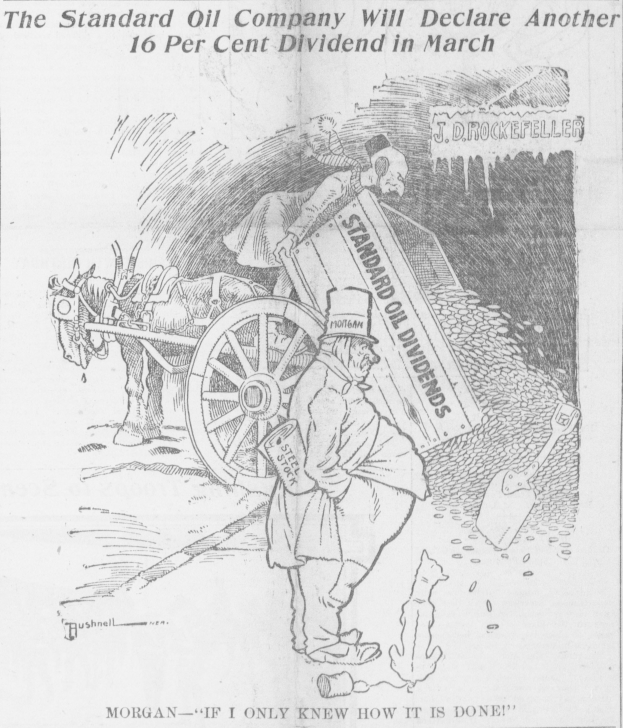 Eine Karikatur eines Mannes, der neben einem von einem Pferd gezogenen Wagen mit einem Rad in der Mitte steht, mit dem Text "Die Standard Oil Company wird im März eine weitere 16-prozentige Dividende ausschütten."