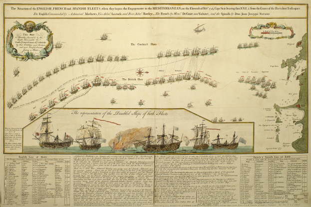 Ein Blatt Papier mit einer Karte der britischen und spanischen Flotte im Mittelmeer, mit mehreren Schiffen im Hintergrund und begleitendem Text, der die Schiffe detailliert.