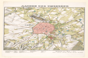 Ein detailliertes altes Stadtplan von Aachen, Deutschland, der Straßen, Gebäude und Sehenswürdigkeiten mit Text oben und unten auf dem Papier zeigt.