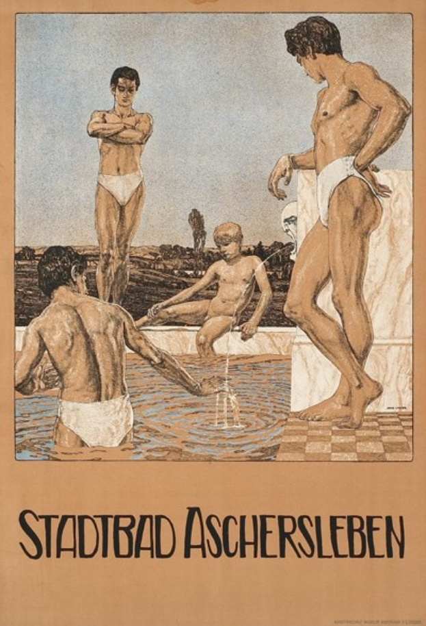 Ein Plakat für ein Schwimmbad in Aschersleben, Deutschland, das Menschen im Wasser zeigt, darunter einen sitzenden, begleitet von Text.