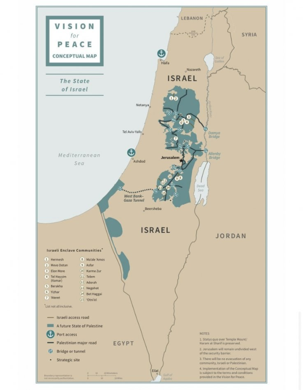 Plakat mit der Aufschrift "Vision für Friedenskonzept-Kartendarstellung" mit einer farbcodierten Karte Israels in Blau, Grün und Gelb mit fetter schwarzer Schrift.