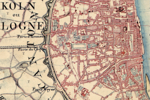 Ein detaillierter alter Stadtplan von Köln, Deutschland, mit Text, der einen umfassenden Überblick über die Gegend bietet.