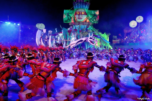 Eine Gruppe von Menschen in bunten Kostümen tanzt auf einer Bühne vor einem sitzenden Publikum, mit Lichtern, Pfählen und Ballons, und ein Bildschirm zeigt eine Person im Hintergrund, während des Karnevals in Rio de Janeiro 2014.