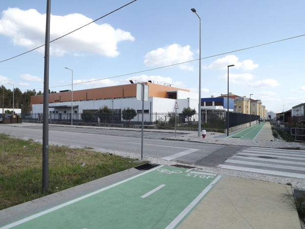 Eine Stadtstraße mit einem grünen Fahrradweg, der von Gras, Pfählen, Laternen, Brettern, Zäunen, Pflanzen, Bäumen und Gebäuden gesäumt ist.