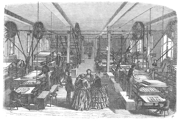 Schwarze und weiße Zeichnung einer Baumwollspinnerei aus dem 19. Jahrhundert in London, England, die Arbeiter, Maschinen und bauliche Elemente zeigt, mit der Beschriftung "The Cotton Mill, London, England, 1876" unten.