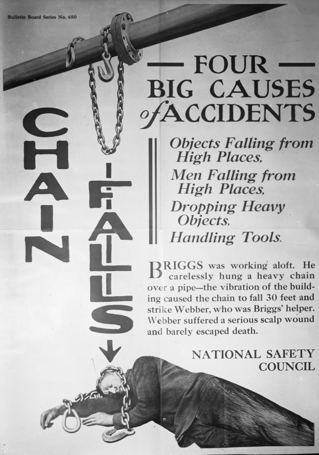 Schwarzes und weißes Plakat mit derüberschrift "Vier gro├če Unfallursachen" mit einem Bild einer Person auf einem Pfahl mit Ketten.