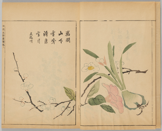 Ein aufgeschlagenes Buch mit einer traditionellen japanischen Malerei von leuchtenden, detaillierten Blumen in voller Blüte und saftigen grünen Blättern, mit Kursivschrift auf dem Buch.