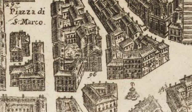 Eine handgezeichnete Stadtansicht mit verschiedenen einzigartig gestalteten Gebäuden und handgeschriebenen Notizen auf dem Papier.