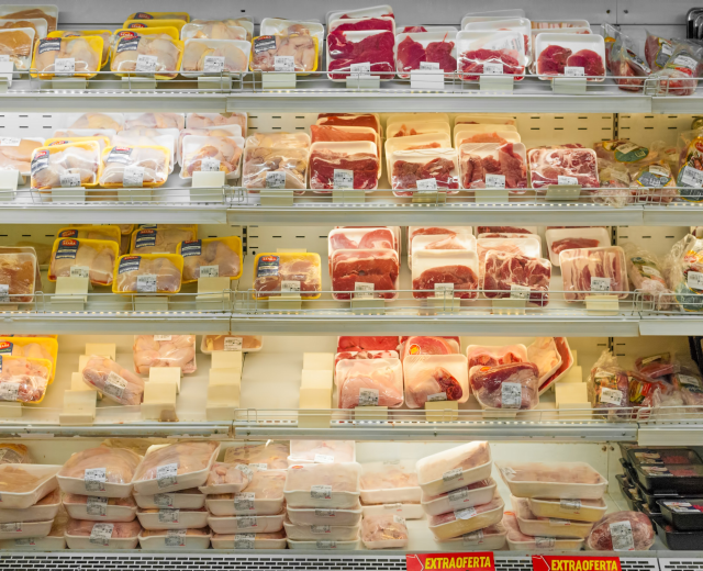 Ein gut organisierter Supermarktboden mit verschiedenen Fleischsorten, jede mit sichtbaren Preisschildern.