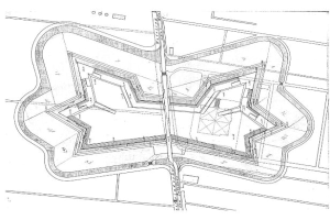 Eine Schwarz-Weiß-Zeichnung einer Stadtkarte mit zahlreichen Gebäuden, die als Bauplan für ein neues Gebäude dient, mit begleitendem Text, der das Gebäude layout beschreibt.