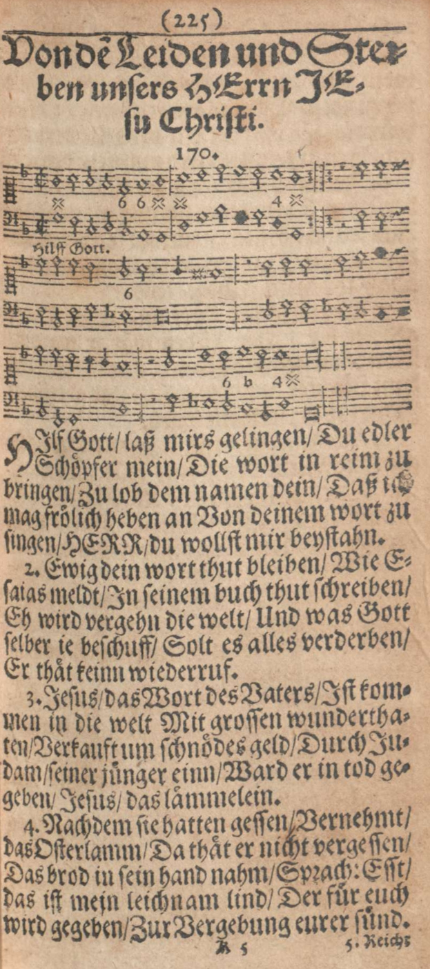Ein altes, abgenutztes Buchblatt aus einer deutschen Handschrift mit Noten und Text in einer traditionellen deutschen Schriftart.