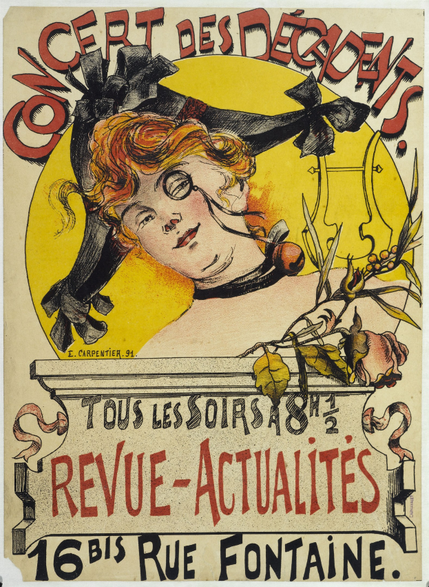 Ein Plakat für ein Decadents-Konzert mit einer Illustration einer Frau mit menschlichem Gesicht und Text, der die Veranstaltungsdetails enthält.