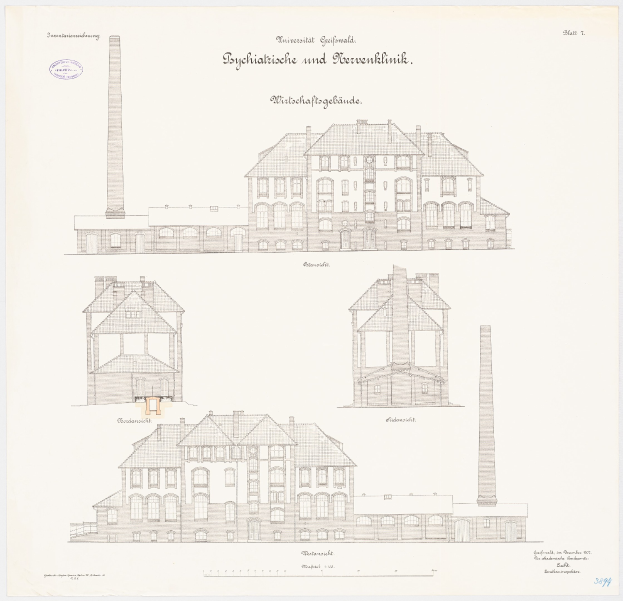 Eine Zeichnung eines mehrstöckigen Gebäudes mit zahlreichen Fenstern und einem Schornstein, das als Psychiatrieklinik in Deutschland identifiziert wurde, begleitet von handgeschriebenem Text auf demselben Papier.