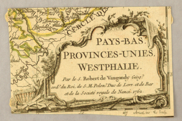 Ein altes Kartenblatt von Westfalen auf Papier, das geografische Merkmale wie Fl├╝sse, Berge und St├Ądte zeigt, mit begleitendem Text, der zus├Ątzliche Informationen ├╝ber die Region und ihre Bewohner liefert.