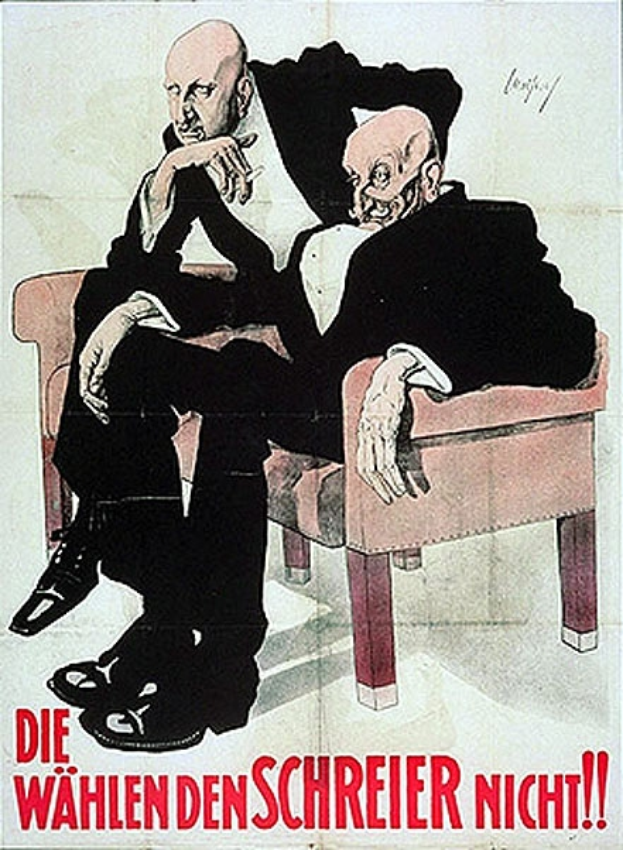 Ein deutsches Propagandaplakat der NSDAP mit zwei Männern auf einem Sofa und Textinformationen zur Partei.