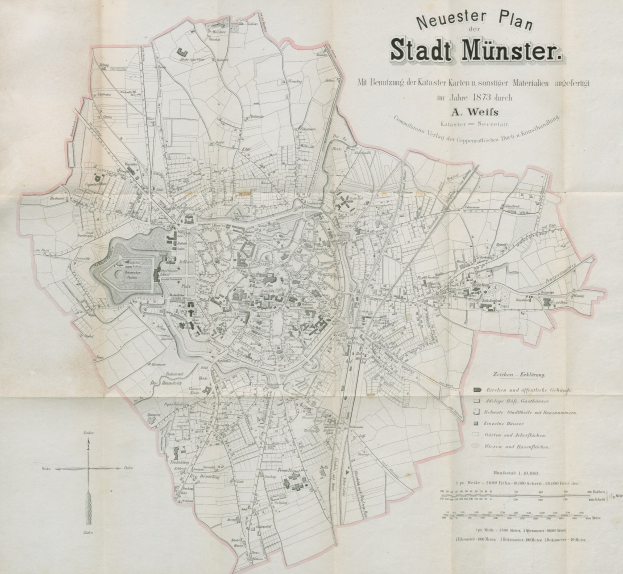 Detailierte Karte von Stadt Münster, Deutschland, von 1873 mit Textanmerkungen zur Stadtplanung.