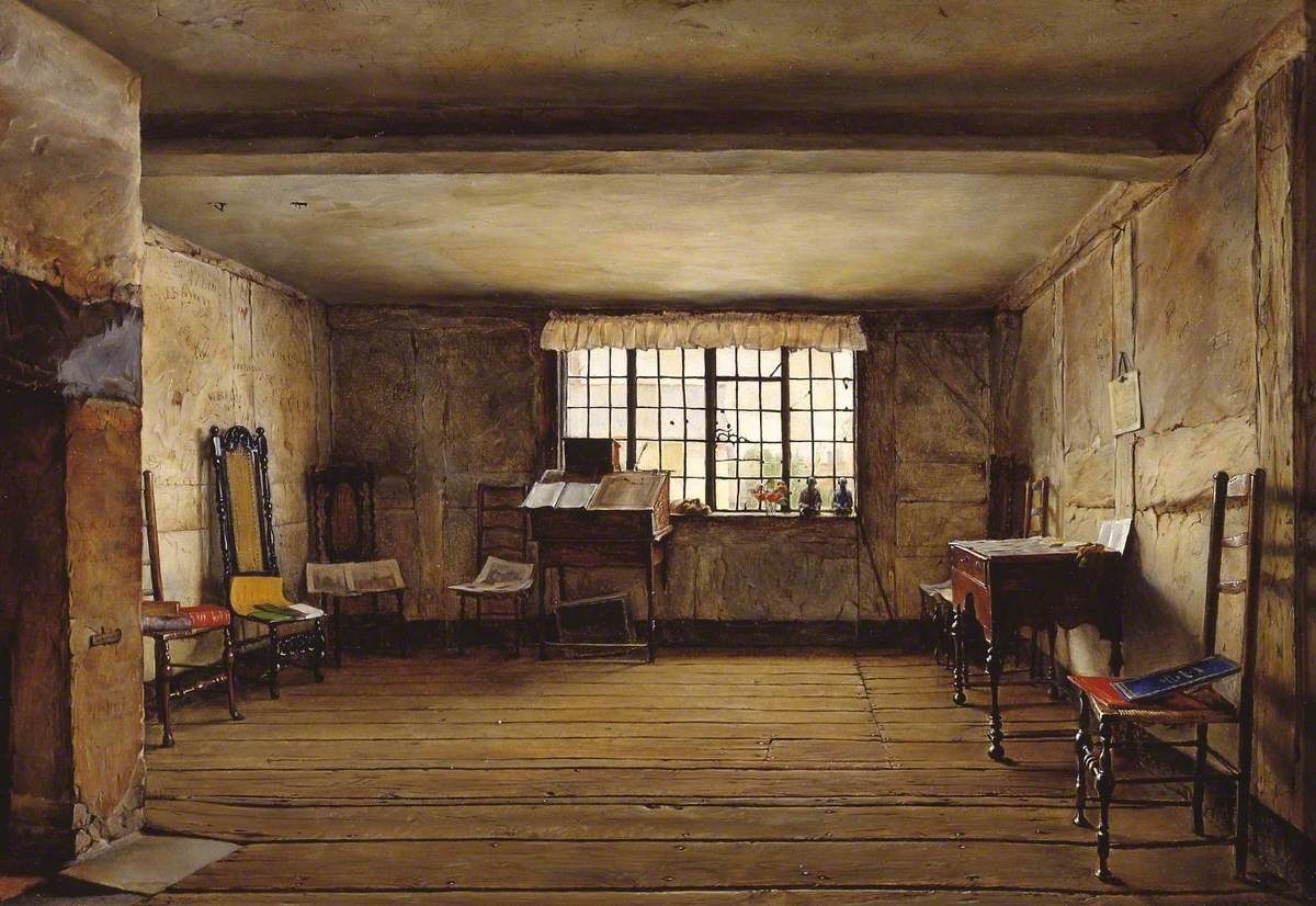 Gemälde 'Das Studium des Künstlerateliers' von Joseph Mallord William Turner, das einen Raum mit Holzfußboden und -wänden, ein verhängtes Fenster, einen Tisch mit Büchern und Gegenständen, Stühle, einen Spiegel und eine Tür zeigt.