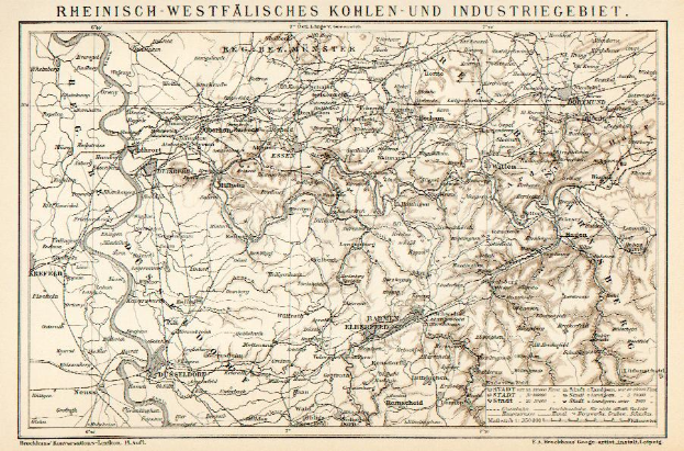 Ein detaillierter alter Plan des Rheinisch-Westfälischen Kohle- und Industriegebiets, der Flüsse, Berge und Städte mit Text oben und unten zeigt.