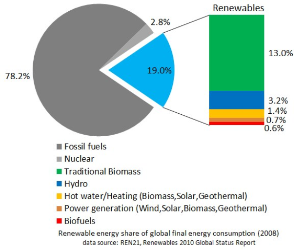 Tortendiagramm, das den globalen Verbrauch von erneuerbaren Energien im Jahr 2008 zeigt, aufgeteilt nach Energiequellen einschließlich fossiler Brennstoffe, Kernenergie, Wasserkraft, Warmwasser, Heizung, Biomasse, Solarenergie, Geothermie und Biokraftstoffe.