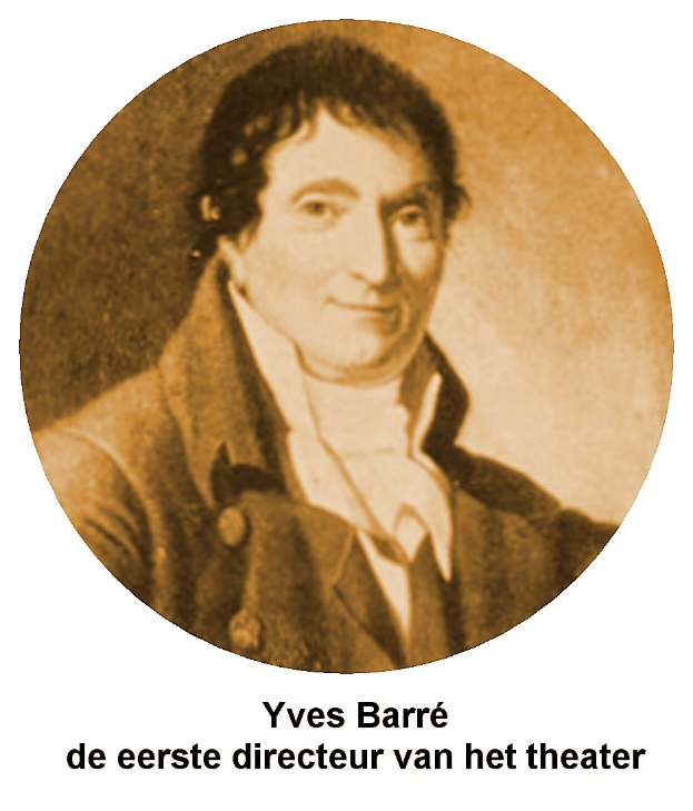 Porträt von Yves Barre, Theaterdirektor, in einem schwarzen Anzug und weißem Hemd mit zurückgekämmtem Haar, ernstem Gesichtsausdruck, direkt in die Kamera schauend; fetter Text unten.
