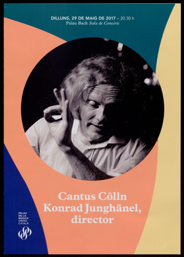 Plakat mit einem Bild von Cantus Collin und Konrad Junghänel, auf dem Informationen über ein Konzert-Event angegeben sind.