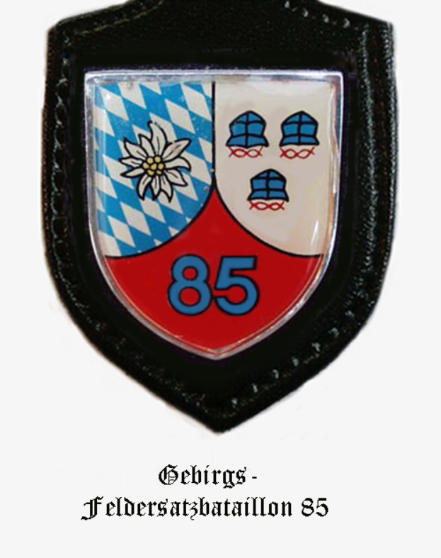 Ein Abzeichen mit der Nummer 85, dem Logo der bayerischen Fussballmannschaft und deutschem Text unten.
