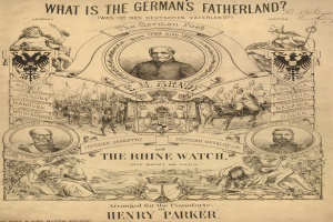Ein Blatt mit Bildern von Menschen und Text, der lautet: "Was ist das Vaterland der Deutschen? Die Rheinwacht von Henry Parker."