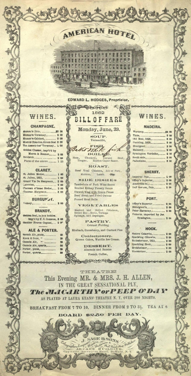 Altes Buch mit dem Titel "American Hotel Bill of Fare von 1862" mit einer Abbildung eines Gebäudes auf dem Cover, das detaillierte Texte der Restaurantangebote enthält.