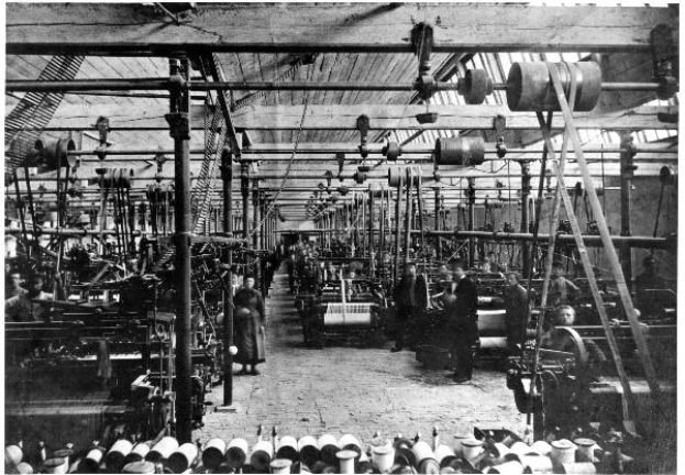 Ein Schwarz-Weiß-Foto von Menschen, die in einer Fabrik mit Maschinen und Pfählen im Hintergrund arbeiten, mit dem Text "The Wool Factory, London, England" unten.