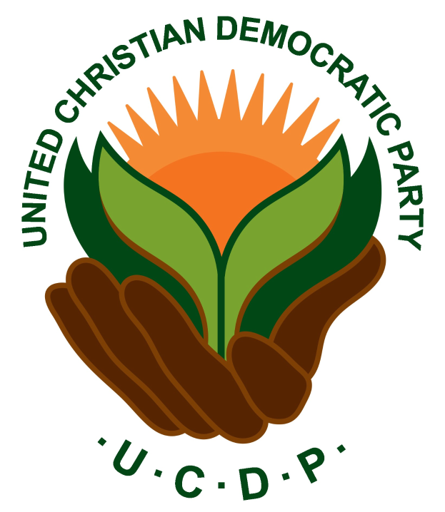 Logo der Vereinigten Christdemokraten (UCDP): eine Hand hält eine leuchtend gelbe Blume mit grünem Stiel und Blättern, mittig in einem blauen und gelben Kreis auf einem weißen Hintergrund, mit "UCDP" in fetter schwarzer Schrift darunter.