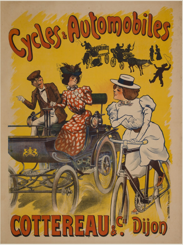 Plakat wirbt für Fahrräder und Automobile in Cottereau und Dijon, Frankreich, mit Menschen auf Fahrrädern und einer Kutsche.