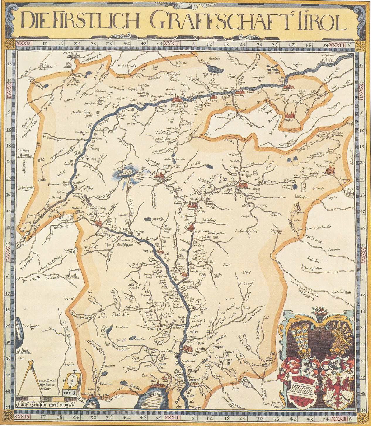 Plakat einer historischen Karte der ersten Grafschaft Tirol, das geografische Merkmale wie Flüsse, Berge und Städte zeigt und von begleitendem Text über die Region und ihre Bewohner informiert.