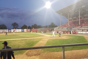 Baseballspiel in einem Stadion mit Zuschauern auf den Rängen, Geländer im Vordergrund, Bäume, Mäste, Lichter, Werbetafeln und blauen Himmel im Hintergrund.