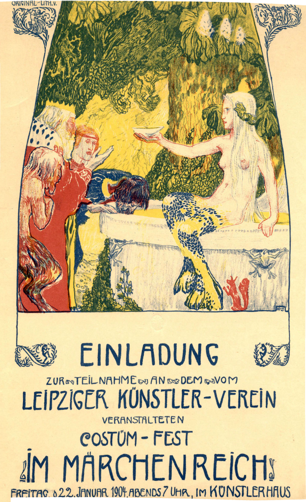Ein Plakat, das ein Festival in München ankündigt, zeigt ein Gemälde einer Frau mit menschlichem Gesicht, umgeben von anderen Menschen und Bäumen, mit Text darauf.