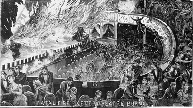 Schwarze und weiße Illustration einer panischen Menge in einem brennenden Theater, mit Rauch, der aufsteigt und der Unterschrift "Tödlicher Brand Exeter Theatre Burn" unten.