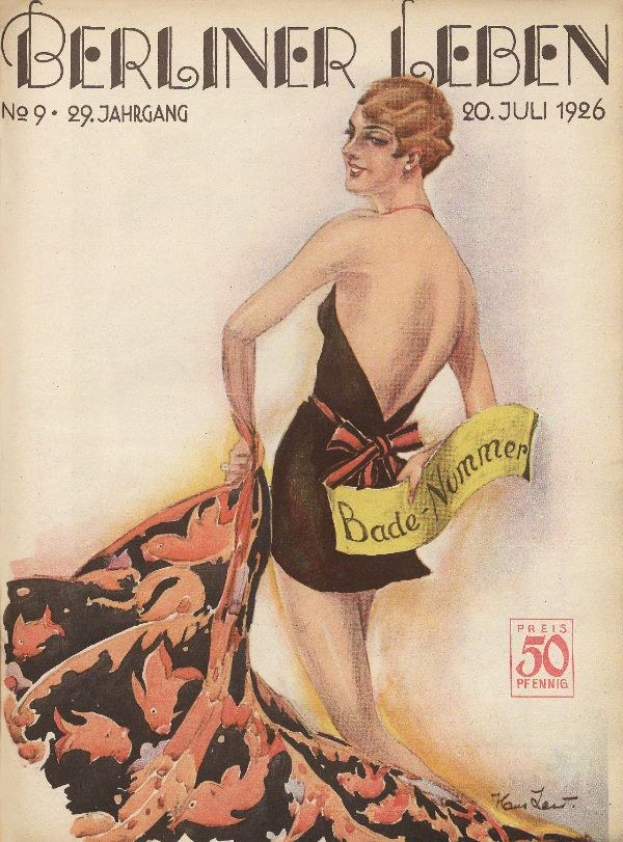 Titelbild der Berliner Leben Zeitschrift vom Juni 1926 mit einer Frau in einem Badeanzug, die ein Tuch hält, und dem Zeitschriften-Titel darüber