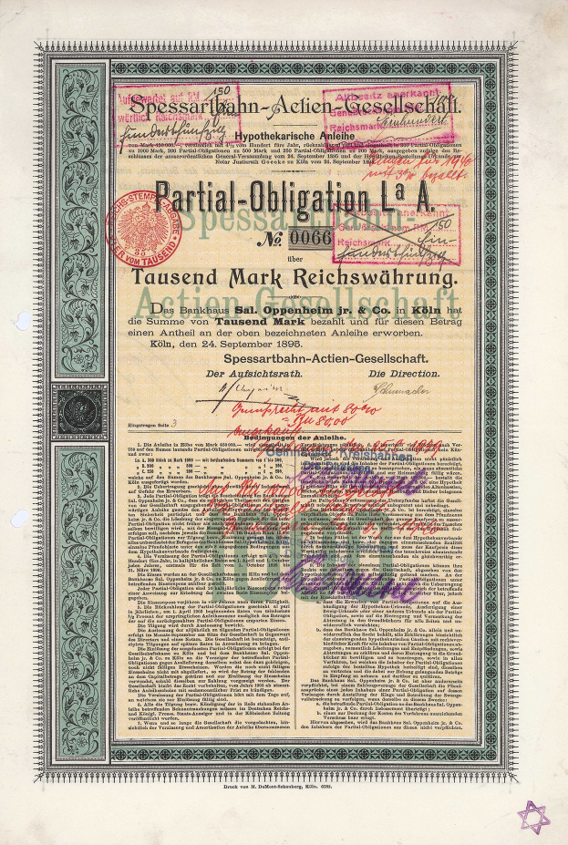 Ein altes deutsches Wertpapier, das von der deutschen Regierung ausgegeben wurde und bedruckten Text sowie einen Stempel enthält.