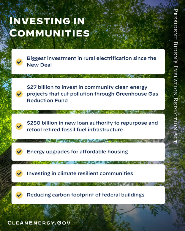 Plakat mit Baumen und Himmel im Hintergrund, mit dem Text "Investing in Communities: Biggest Investment in Rural Electricity Since the New Deal".