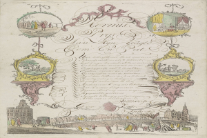 Offenes Buch mit einer detaillierten Stadtansicht, die Gebäude, Menschen, eine Brücke und Text auf den Seiten enthält.