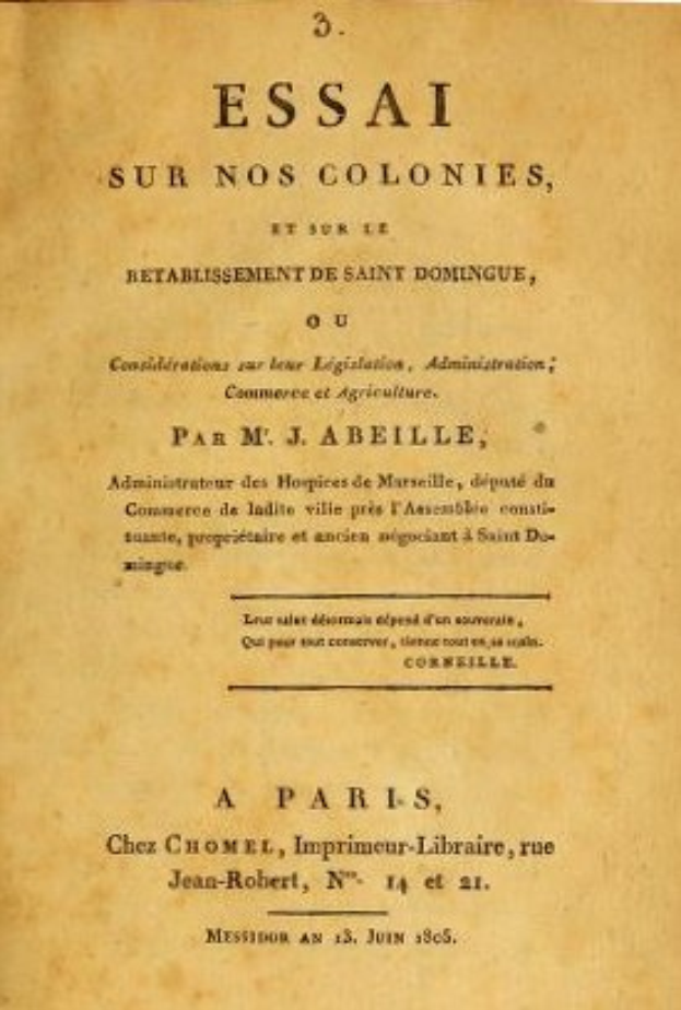 Umschlag eines alten Buches mit dem Titel "Essai sur nos Colonies, et sur l'Établissement de Saint-Domingue", das likely Essays zur Geschichte der französischen Kolonien und regionalen Kultur enthält.