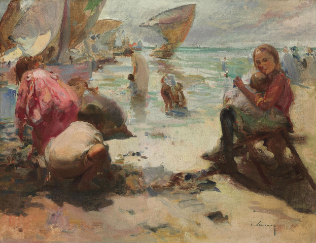 Gemälde mit dem Titel 'Bather on the Beach' von Jean-Baptiste-Camille Corot, das eine Gruppe von Menschen am Strand mit Booten im Wasser und einem bewölkten Himmel zeigt.