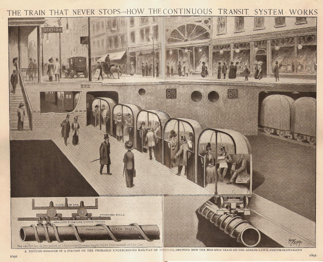 Ein Blatt mit Bildern von Menschen, Zügen und anderen Gegenständen sowie dem Text "Der Zug, der nie aufhört - wie das ständige Transportsystem funktioniert."