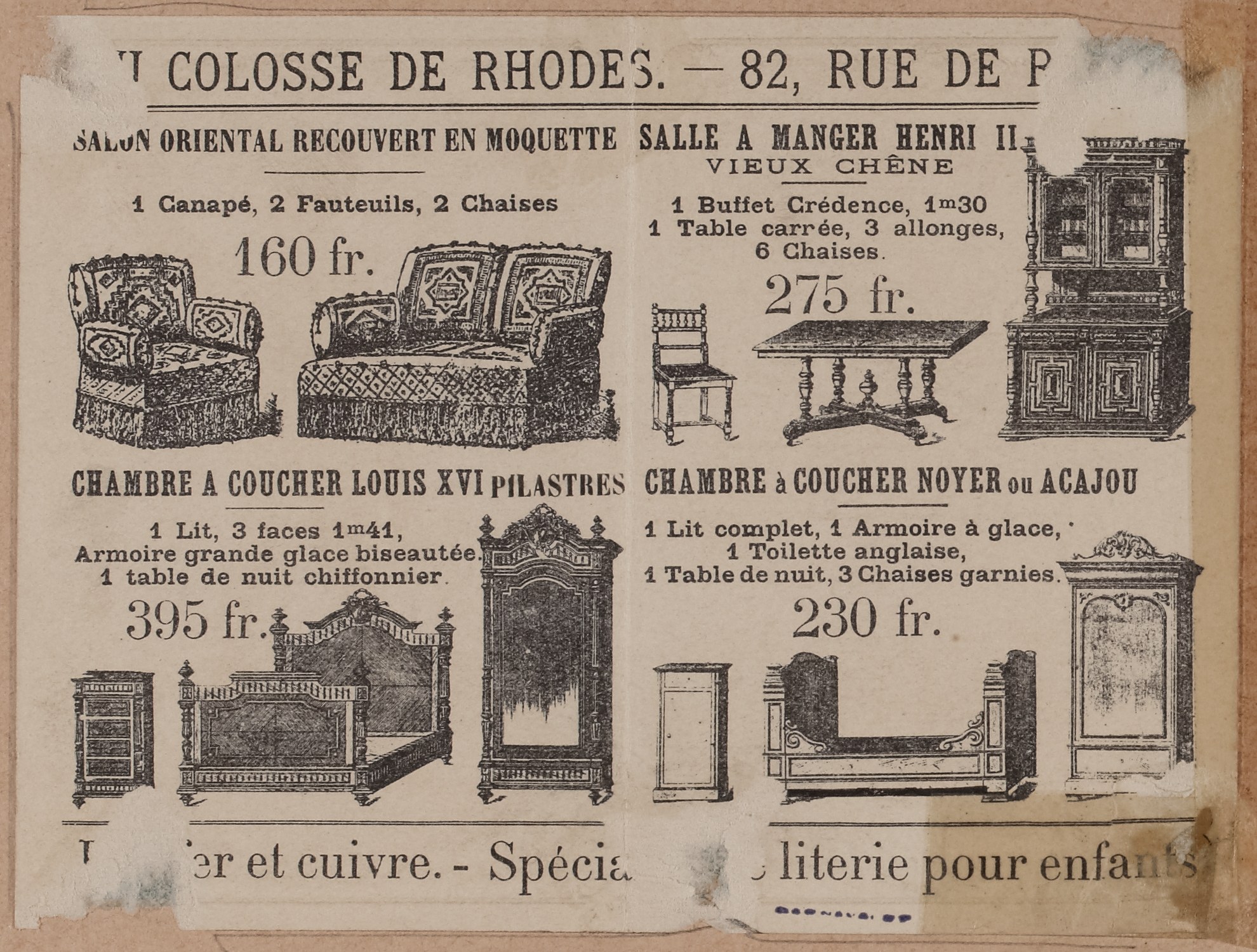 Alte Werbung für ein Möbelgeschäft mit einer Couch, einem Stuhl und einem Tisch