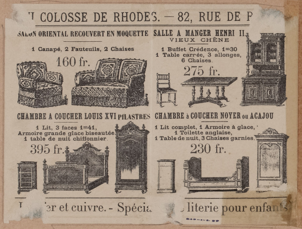 Alte Werbung für ein Möbelgeschäft mit einer Couch, einem Stuhl und einem Tisch