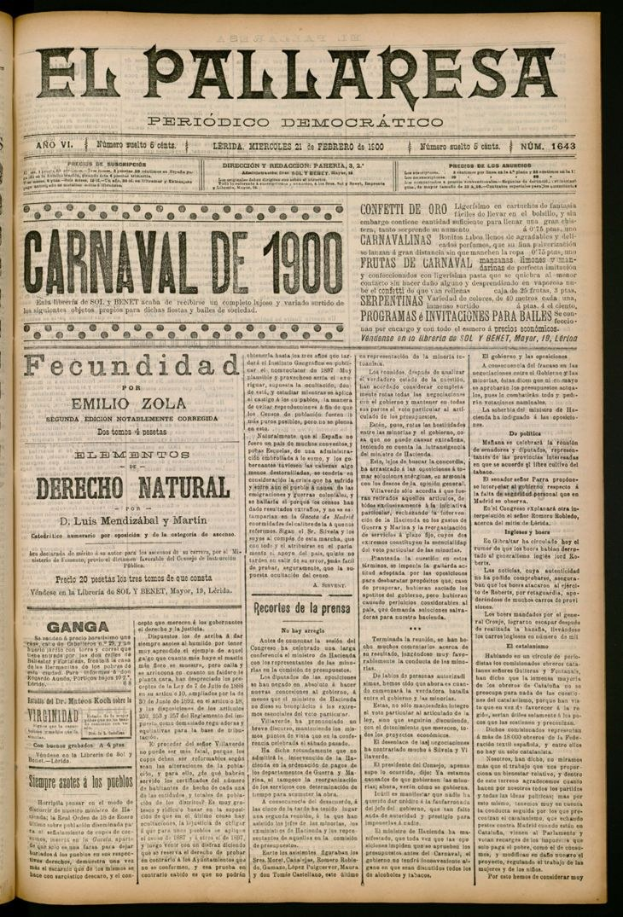 Offenes Buch mit dem Titel "El Pallaresa Carnival de 1900" mit dichtem Text auf dunklem Hintergrund.